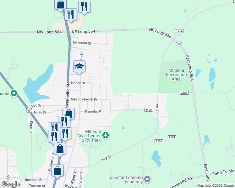 map of restaurants, bars, coffee shops, grocery stores, and more near 503 Meadowbrook Drive in Mineola