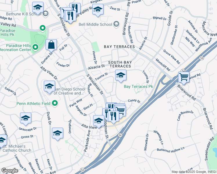 map of restaurants, bars, coffee shops, grocery stores, and more near 7040 Tenbury Court in San Diego