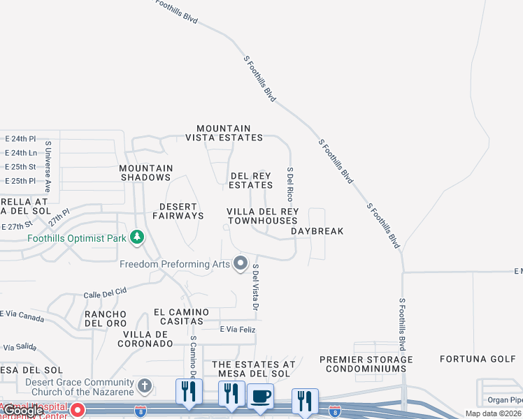 map of restaurants, bars, coffee shops, grocery stores, and more near 10195 South Del Rey Drive in Yuma