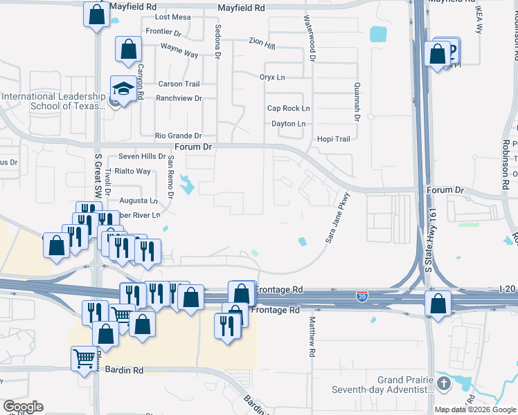 map of restaurants, bars, coffee shops, grocery stores, and more near 2208 Interstate 20 in Grand Prairie