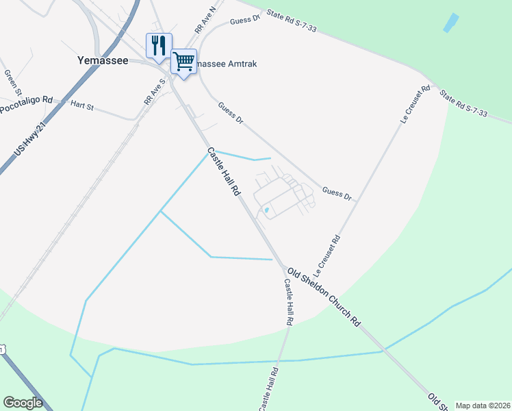 map of restaurants, bars, coffee shops, grocery stores, and more near 95 Castle Hall Road in Yemassee