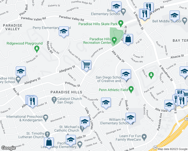 map of restaurants, bars, coffee shops, grocery stores, and more near 6325 Calle Pavana in San Diego
