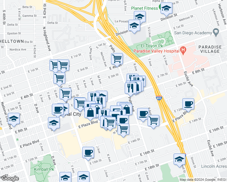map of restaurants, bars, coffee shops, grocery stores, and more near 1411 East 7th Street in National City