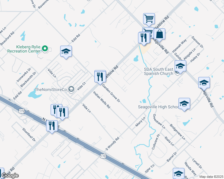 map of restaurants, bars, coffee shops, grocery stores, and more near 13649 Garden Grove Drive in Dallas