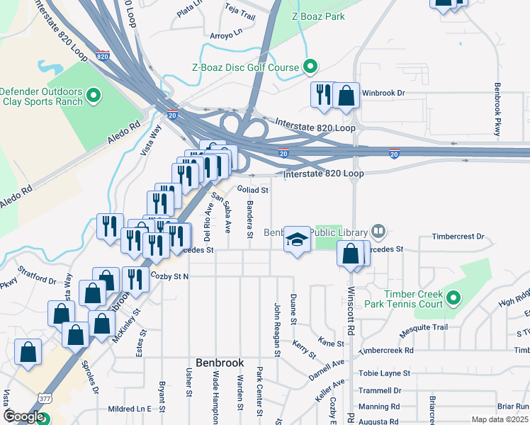 map of restaurants, bars, coffee shops, grocery stores, and more near 212 San Angelo Avenue in Benbrook