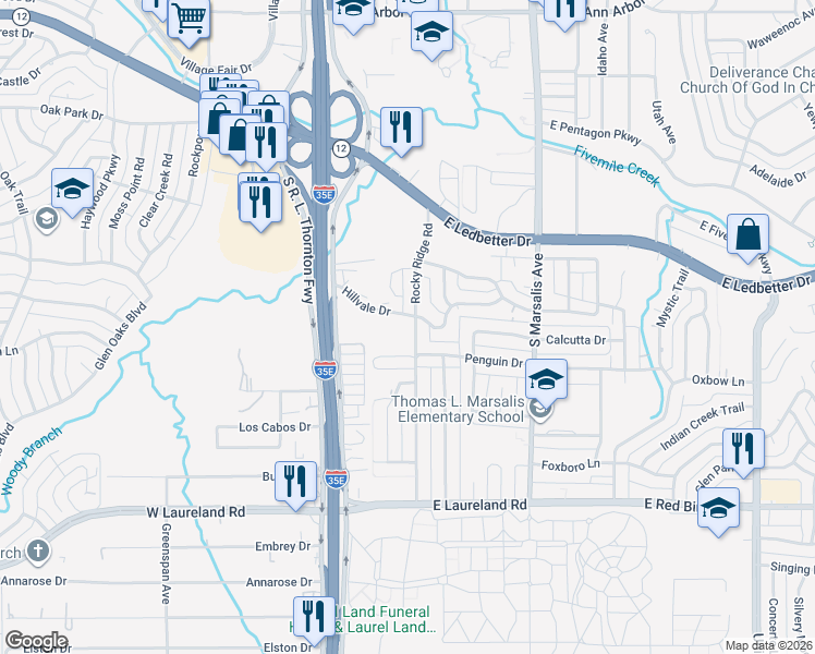map of restaurants, bars, coffee shops, grocery stores, and more near 5322 Rocky Ridge Road in Dallas