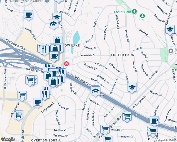 map of restaurants, bars, coffee shops, grocery stores, and more near 4317 Selkirk Drive West in Fort Worth