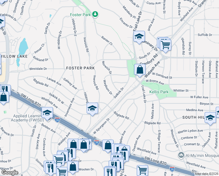 map of restaurants, bars, coffee shops, grocery stores, and more near 3953 Weyburn Drive in Fort Worth