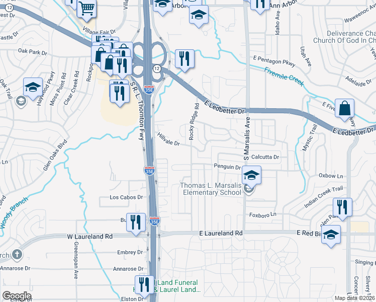 map of restaurants, bars, coffee shops, grocery stores, and more near 5322 Rocky Ridge Road in Dallas