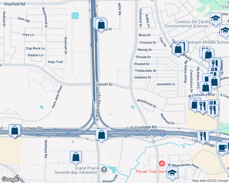 map of restaurants, bars, coffee shops, grocery stores, and more near Forum Drive in Grand Prairie