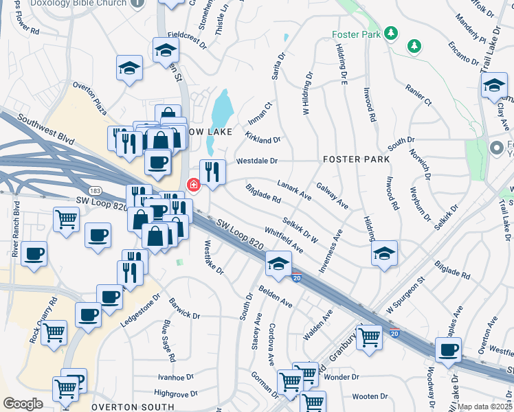 map of restaurants, bars, coffee shops, grocery stores, and more near 4317 Selkirk Drive West in Fort Worth