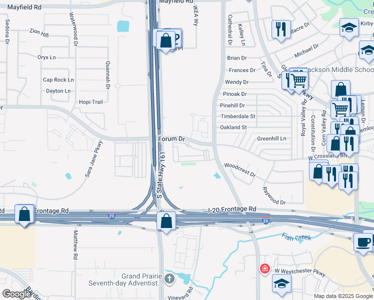map of restaurants, bars, coffee shops, grocery stores, and more near Forum Drive in Grand Prairie