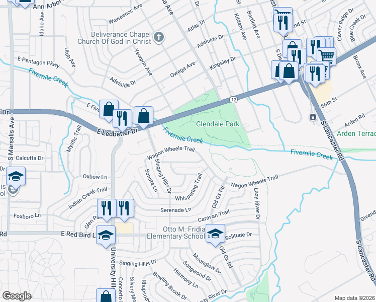 map of restaurants, bars, coffee shops, grocery stores, and more near 1468 Wagon Wheels Trail in Dallas