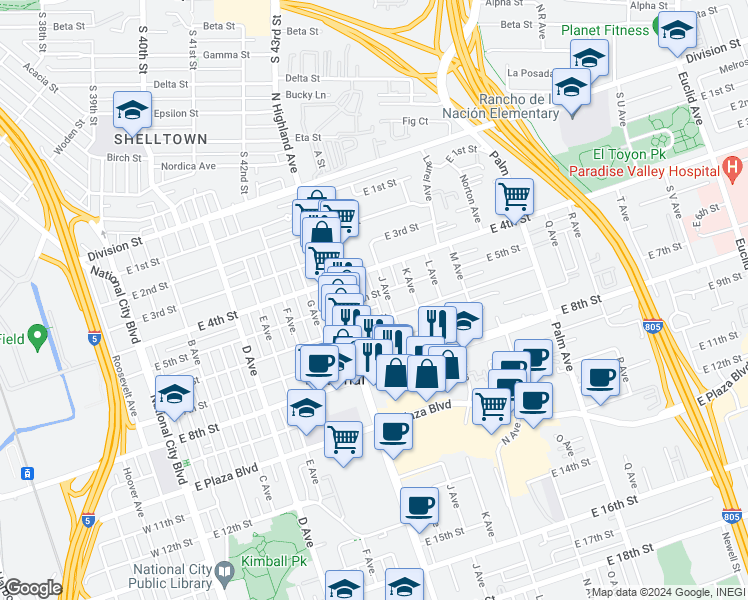 map of restaurants, bars, coffee shops, grocery stores, and more near 922 East 5th Street in National City