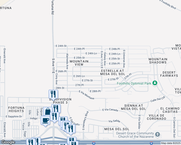 map of restaurants, bars, coffee shops, grocery stores, and more near 11409 East 26th Place in Yuma