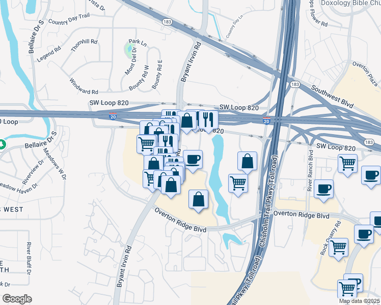 map of restaurants, bars, coffee shops, grocery stores, and more near 5900 Cityview Boulevard in Fort Worth