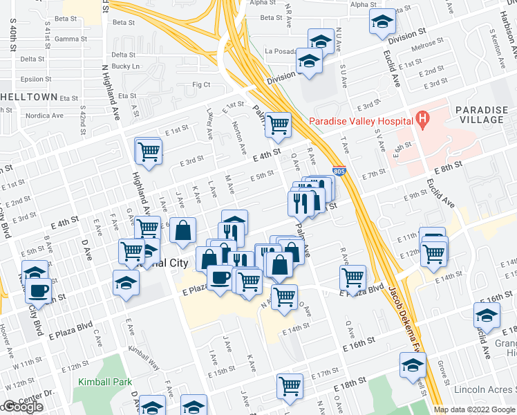 map of restaurants, bars, coffee shops, grocery stores, and more near 1336 East 7th Street in National City