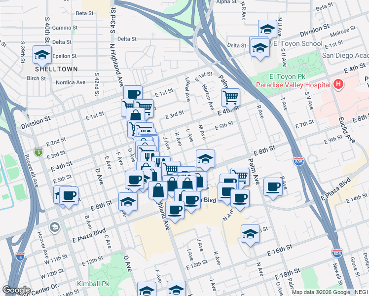 map of restaurants, bars, coffee shops, grocery stores, and more near 617 K Avenue in National City
