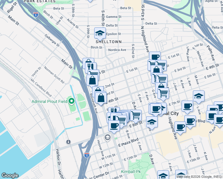 map of restaurants, bars, coffee shops, grocery stores, and more near 314 B Avenue in National City