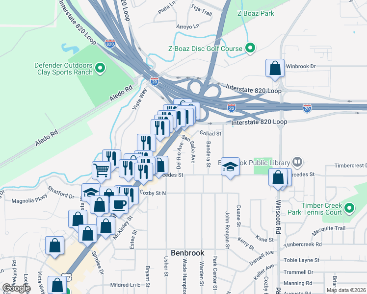 map of restaurants, bars, coffee shops, grocery stores, and more near 115 Del Rio Avenue in Benbrook
