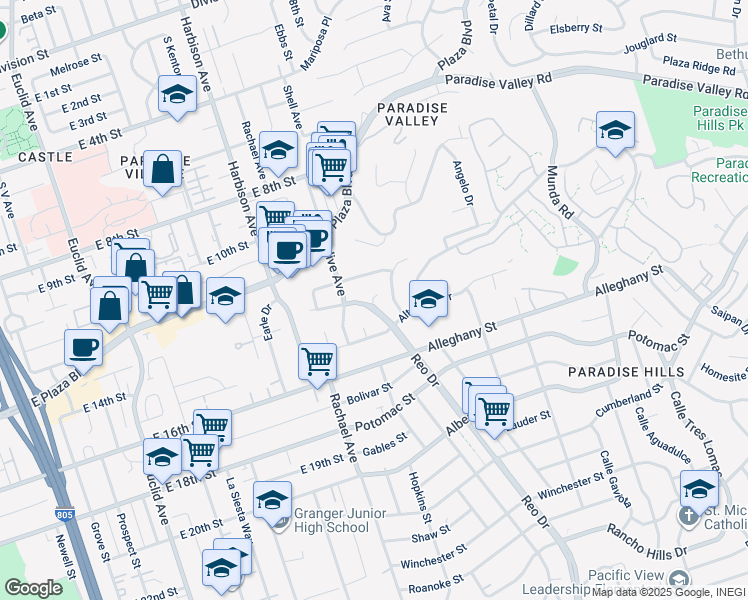 map of restaurants, bars, coffee shops, grocery stores, and more near 5875 Reo Terrace in San Diego