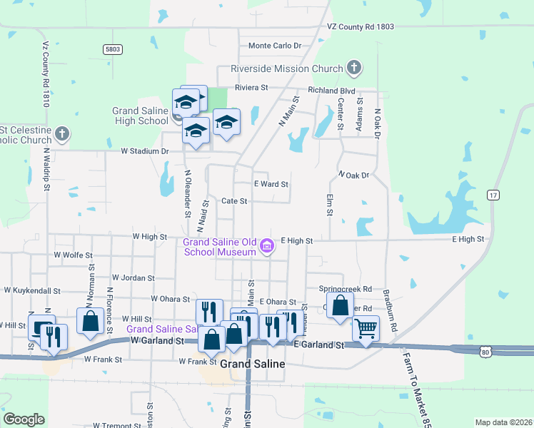 map of restaurants, bars, coffee shops, grocery stores, and more near 824 North Main Street in Grand Saline