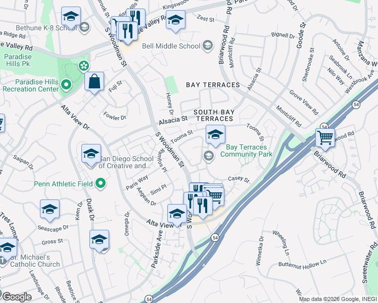 map of restaurants, bars, coffee shops, grocery stores, and more near 2596 Pennington Lane in San Diego