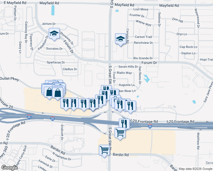map of restaurants, bars, coffee shops, grocery stores, and more near 3890 S Great SW Pkwy in Grand Prairie