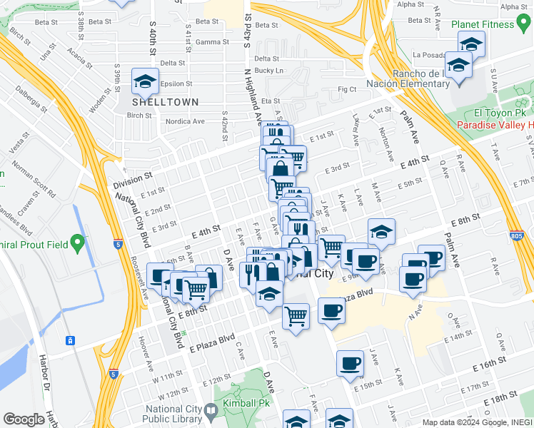 map of restaurants, bars, coffee shops, grocery stores, and more near 406 G Avenue in National City