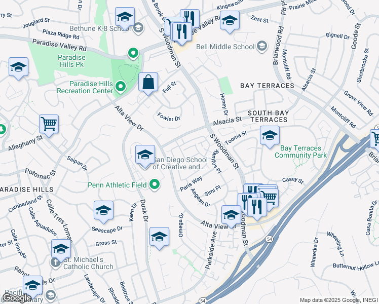 map of restaurants, bars, coffee shops, grocery stores, and more near 6872 Ritva Place in San Diego