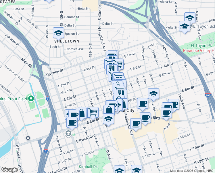map of restaurants, bars, coffee shops, grocery stores, and more near 406 G Avenue in National City