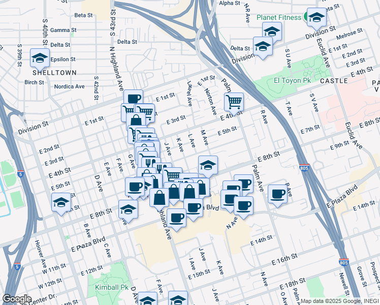 map of restaurants, bars, coffee shops, grocery stores, and more near 617 K Avenue in National City
