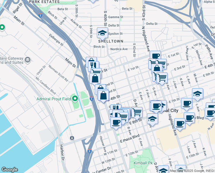 map of restaurants, bars, coffee shops, grocery stores, and more near 35 East 3rd Street in National City