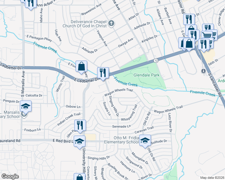 map of restaurants, bars, coffee shops, grocery stores, and more near 5411 Singing Hills Drive in Dallas