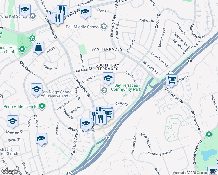 map of restaurants, bars, coffee shops, grocery stores, and more near 2655 Casey Street in San Diego