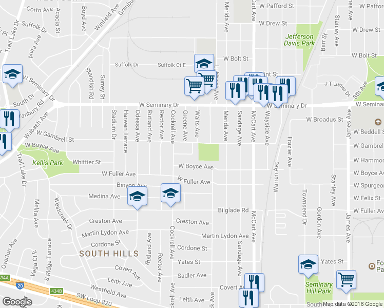 map of restaurants, bars, coffee shops, grocery stores, and more near 5932 Waits Avenue in Fort Worth