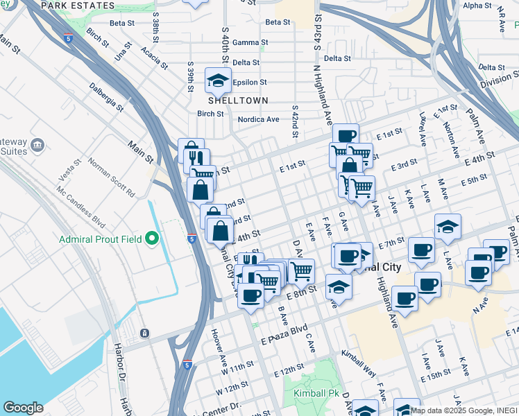 map of restaurants, bars, coffee shops, grocery stores, and more near 314 B Avenue in National City