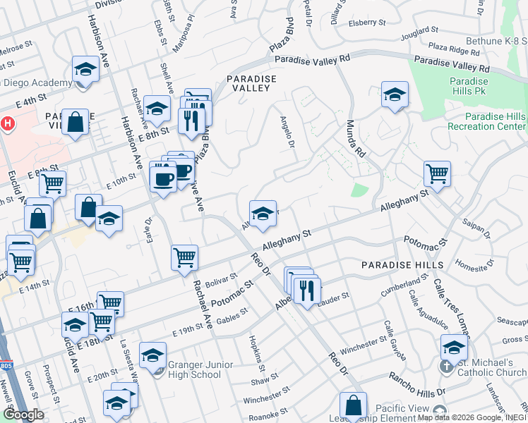 map of restaurants, bars, coffee shops, grocery stores, and more near 5861 Altamont Drive in San Diego