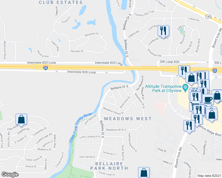 map of restaurants, bars, coffee shops, grocery stores, and more near Bellaire Dr S & Blue Meadow Dr in Fort Worth