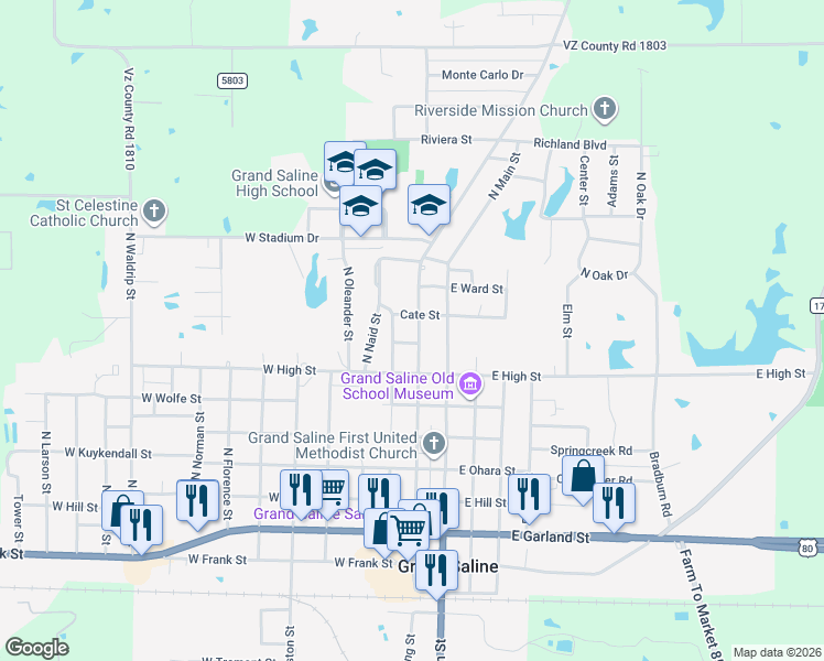 map of restaurants, bars, coffee shops, grocery stores, and more near 814 North Spring Street in Grand Saline