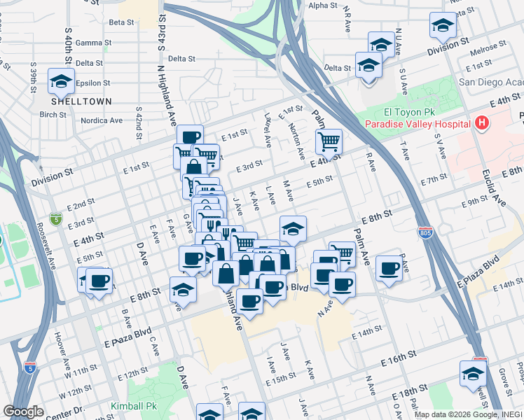 map of restaurants, bars, coffee shops, grocery stores, and more near 527 K Avenue in National City
