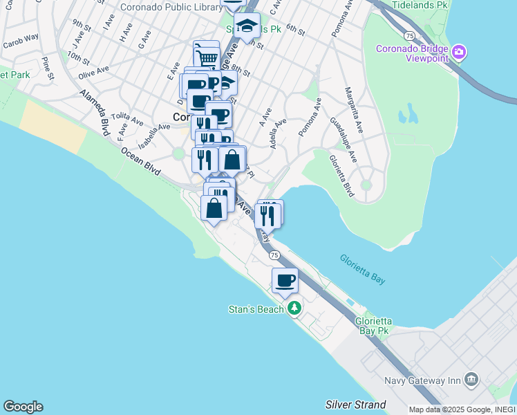 map of restaurants, bars, coffee shops, grocery stores, and more near 1665 Glorietta Boulevard in Coronado