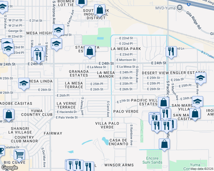 map of restaurants, bars, coffee shops, grocery stores, and more near 2581 South Carol Avenue in Yuma