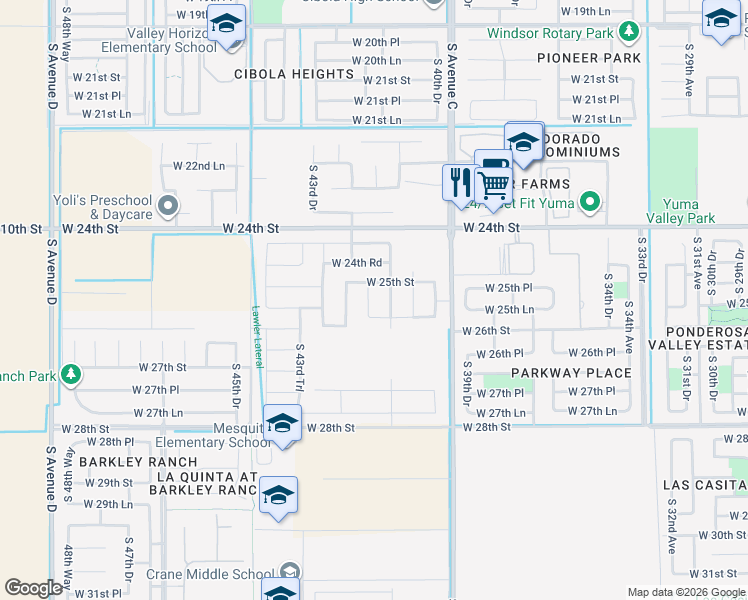 map of restaurants, bars, coffee shops, grocery stores, and more near 4185 West 25th Road in Yuma