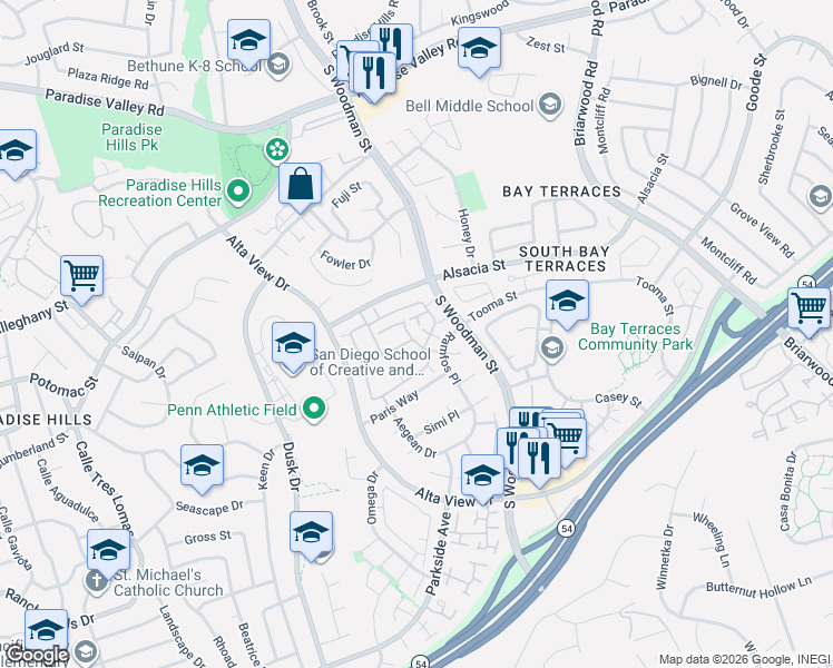 map of restaurants, bars, coffee shops, grocery stores, and more near 6890 Bear River Row in San Diego