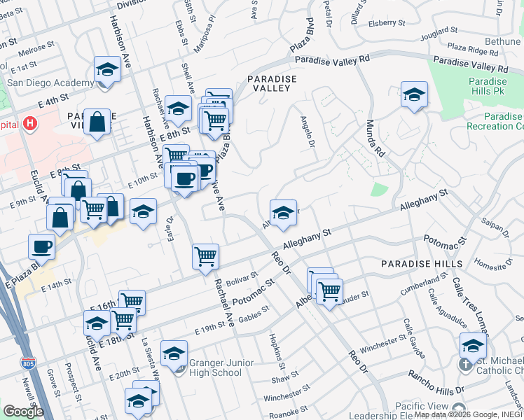 map of restaurants, bars, coffee shops, grocery stores, and more near 1984 Altamont Court in San Diego