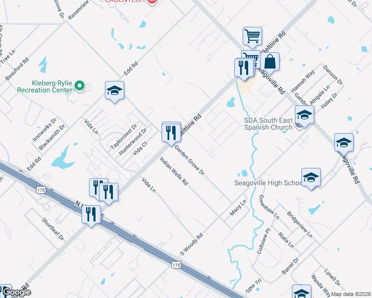 map of restaurants, bars, coffee shops, grocery stores, and more near 13649 Garden Grove Drive in Dallas