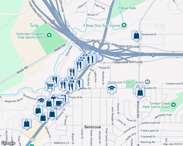 map of restaurants, bars, coffee shops, grocery stores, and more near 115 Del Rio Avenue in Benbrook