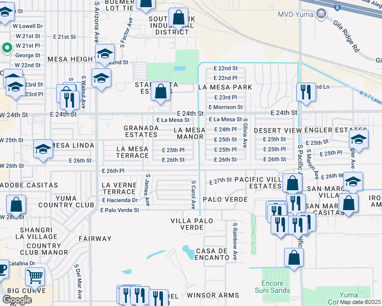 map of restaurants, bars, coffee shops, grocery stores, and more near 2581 South Carol Avenue in Yuma