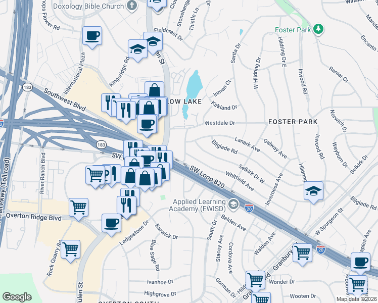 map of restaurants, bars, coffee shops, grocery stores, and more near 4357 Whitfield Avenue in Fort Worth